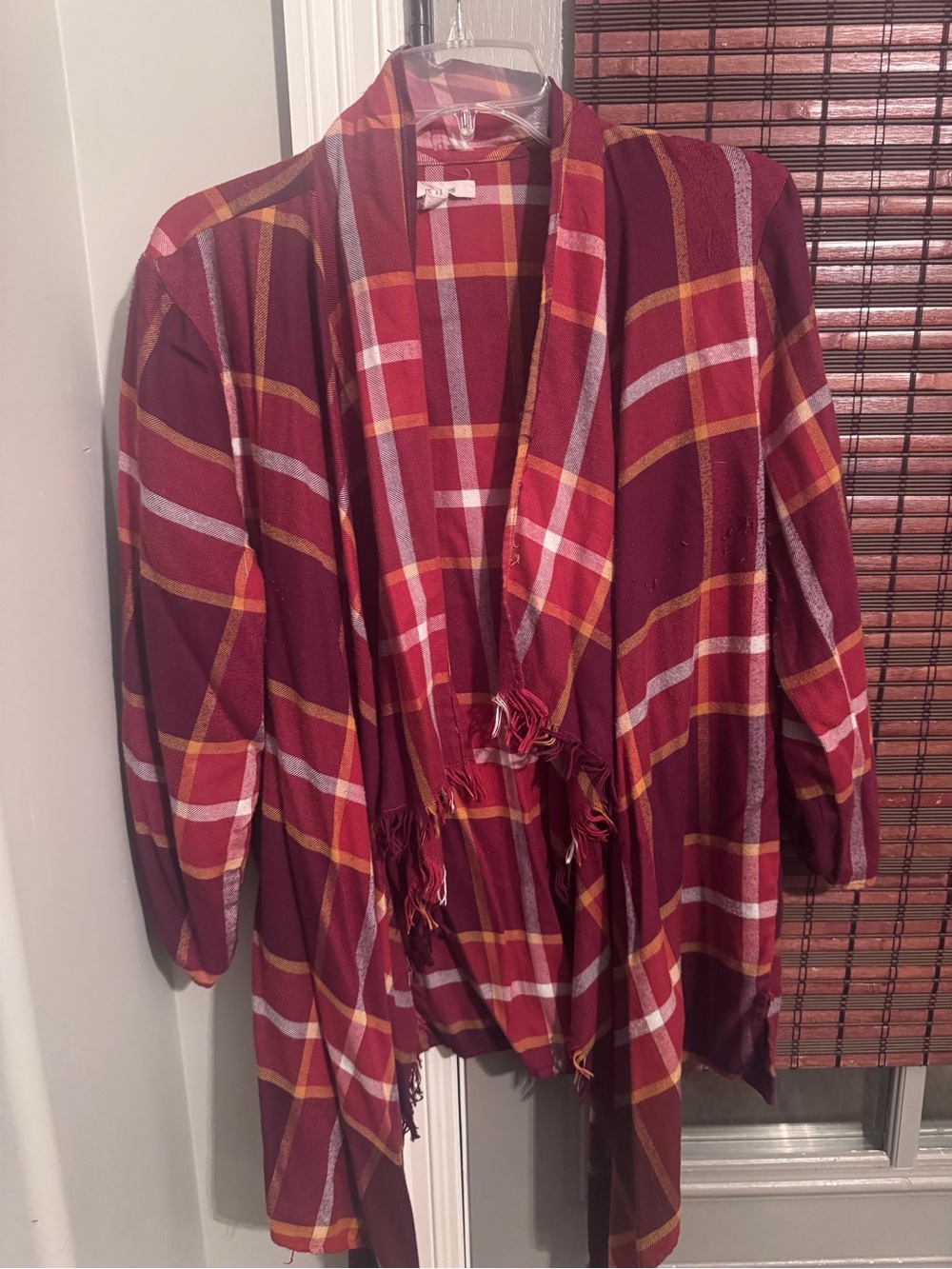 Maurices Burgundy Plaid Open-Front Shawl Cardigan